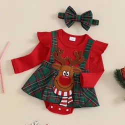 0 to 18 Months Christmas Baby Girls Bodysuit Dress Deer Embroidery Plaid Skirt Hem Toddler Jumpsuit with Headband