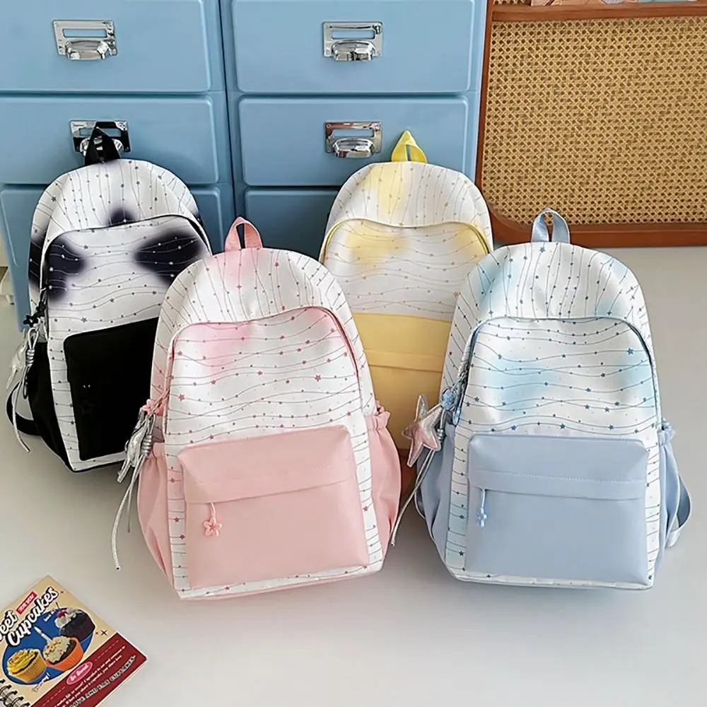 Causual Multicolor Backpack Canvas Star Pattern School Bag Large Capacity Adjustable Belt Shoulders Bag Go To School