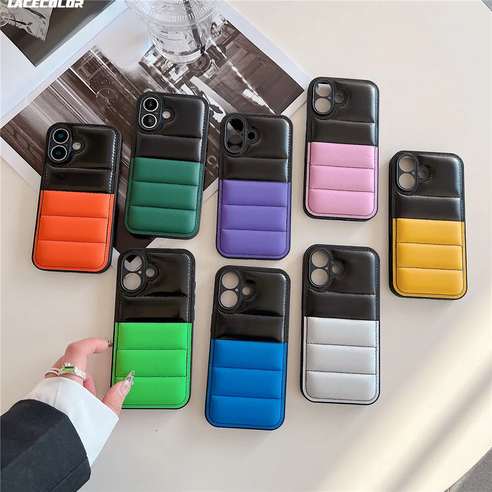 Fashion Puffer Down Jacket Splicing Color Case For iPhone 16 15 14 Plus 13 12 11 Pro Max Luxury Silicone Back Cover High Quality