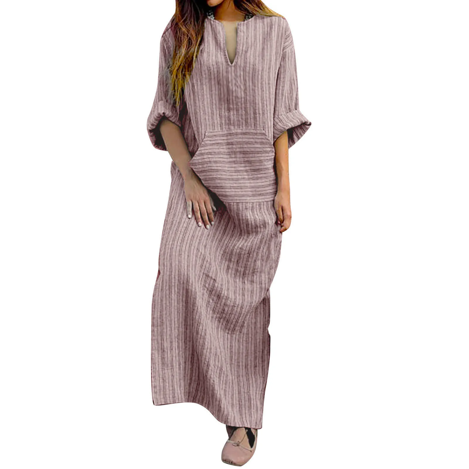 Vestido de linho de algodão feminino, tamanho grande, manga comprida solta, listrado, maxi extragrande, vestidos boho, verão, 2024