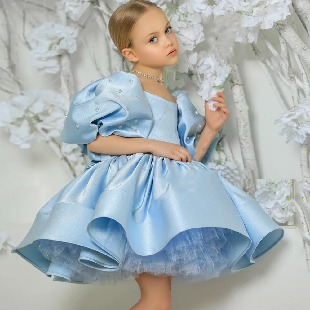 Puffy Short Sleeve A Line Flower Girl Dresses with Bow Pearls Satin Wedding Party Gowns for Princess