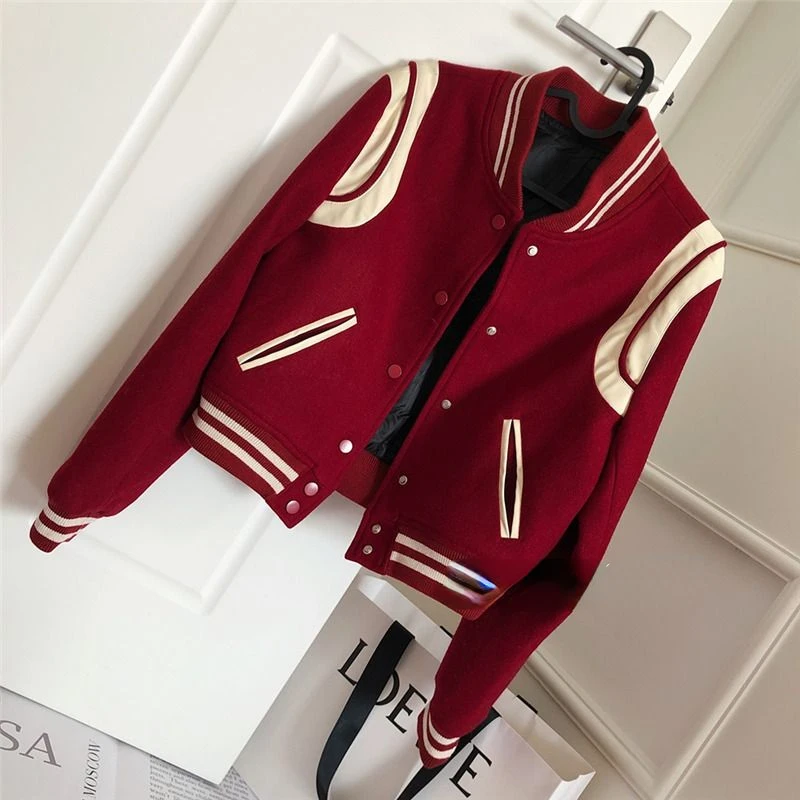 Streetwear Red Bomber Jacket Women Sweatshirt Baseball Jersey Stand Collar Coat Loose Outerwear Long Sleeve Harajuku Crop Top