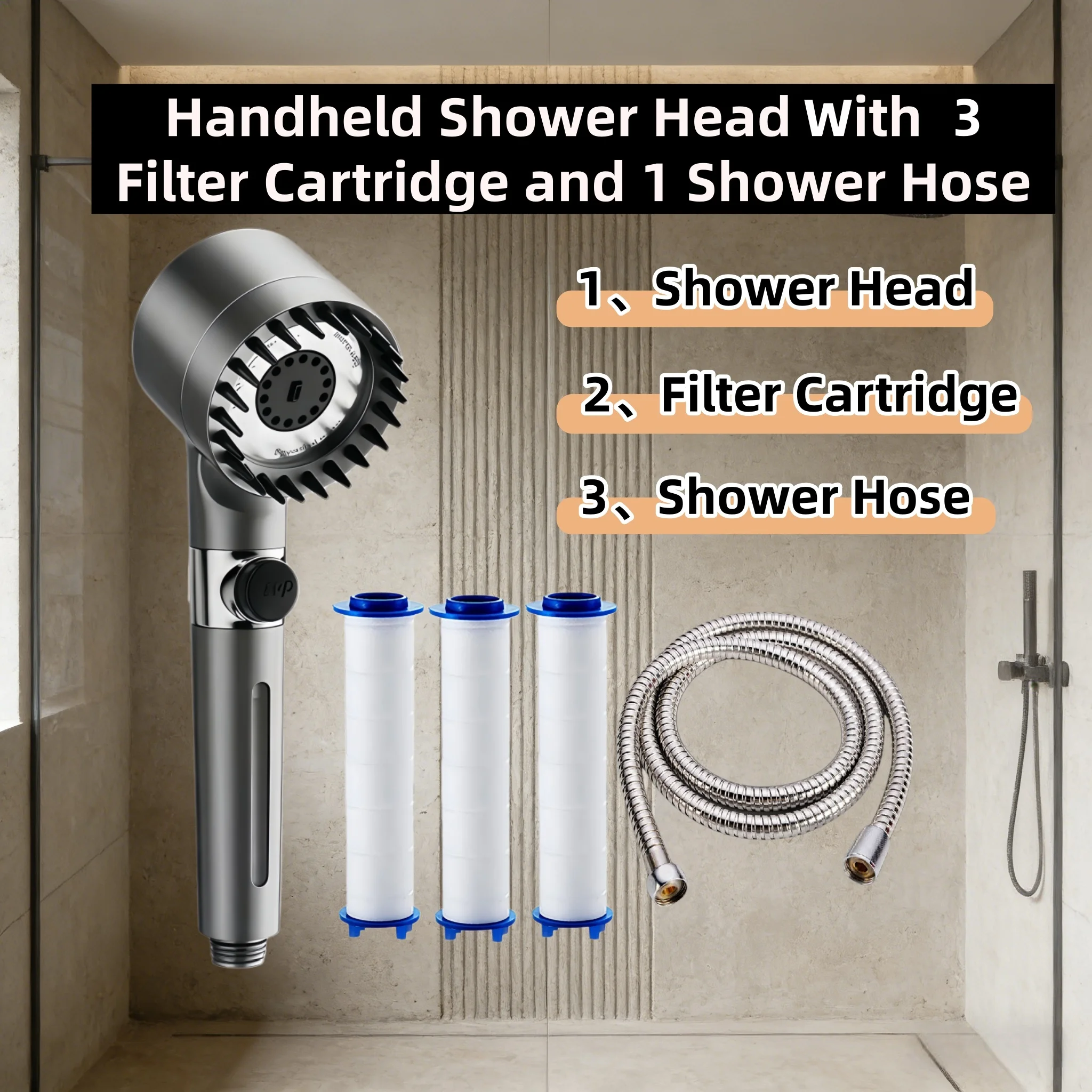 

5PCS Gray High Pressure Water Saving Shower Head Set 3 Modes Adjustable One Key Water Stop Hard with 3 Filter 59in Shower Hose