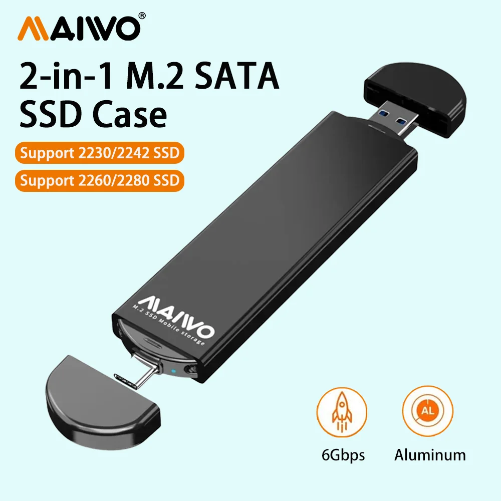

MAIWO M.2 SATA SSD Enclosure NGFF SSD Case 2-in-1 Type-C USB3.0 5Gbps SSD Adapter Support 2230/2242/2260/2280 Aluminum Enclosure
