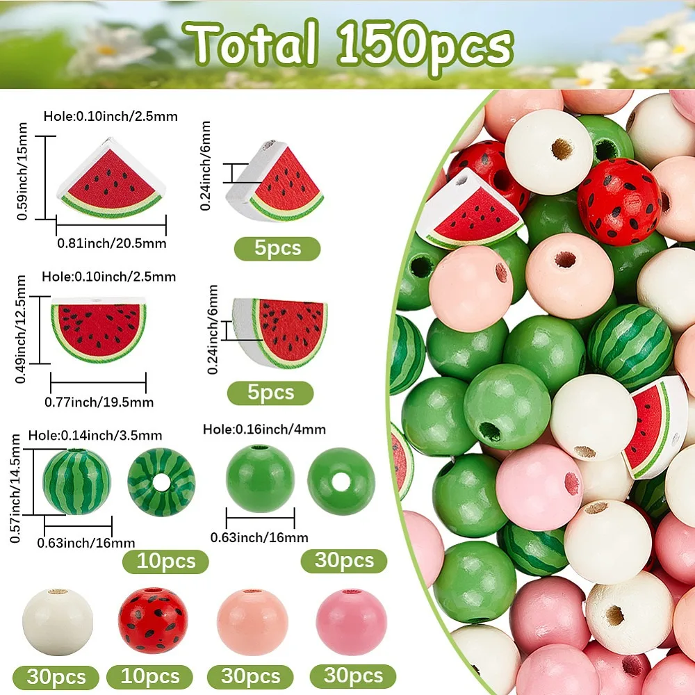 150Pcs Printed Wooden Fruit Beads Watermelon Pattern Mixed Color 16x14.5mm Hole: 3.5mm 2 styles 10pcs/style 20pcs