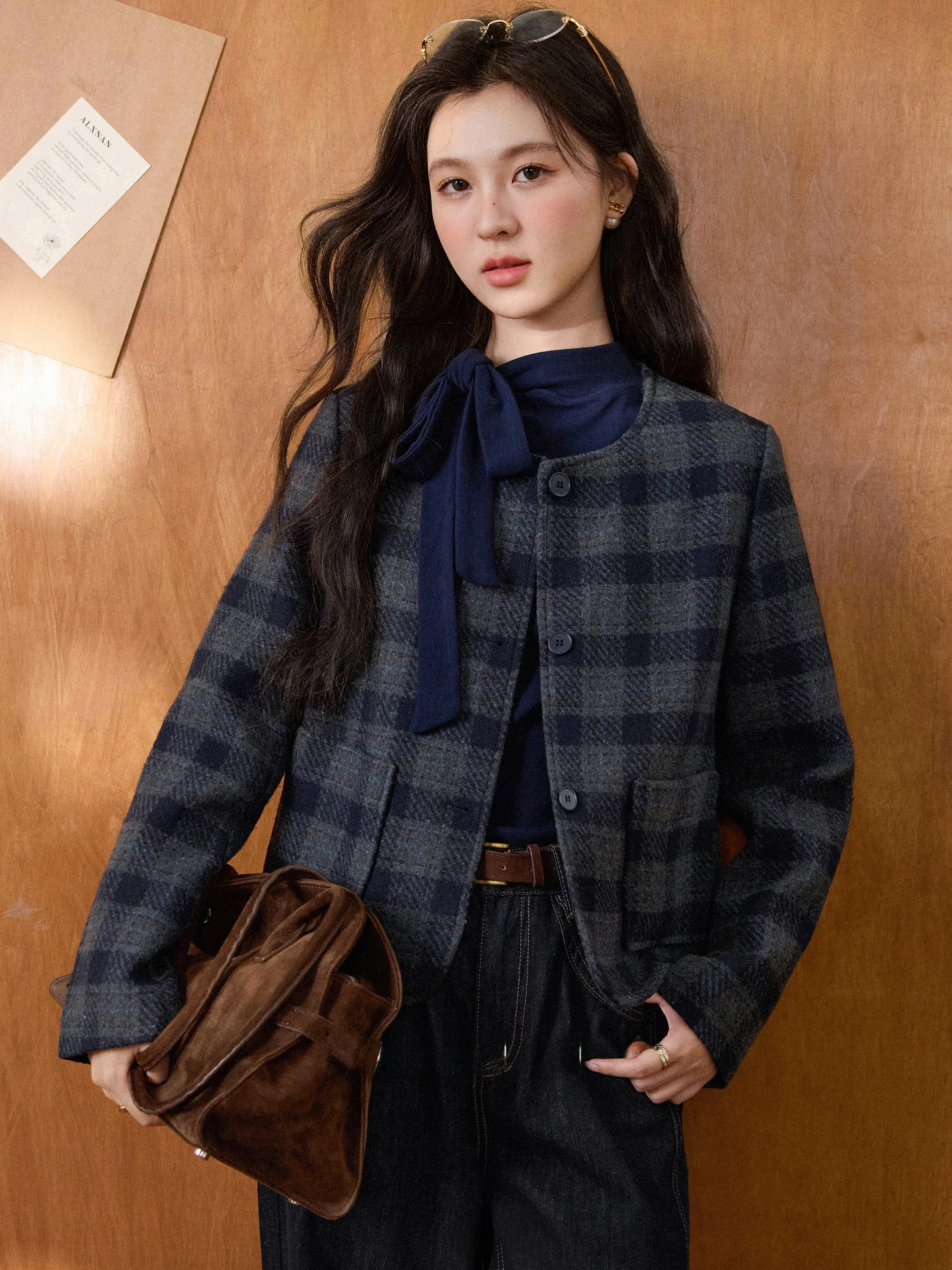 

Женское модное пальто South Deer в клетку, синее, с круглым вырезом, осенне-зимнее, новое, универсальное, свободного кроя, топ