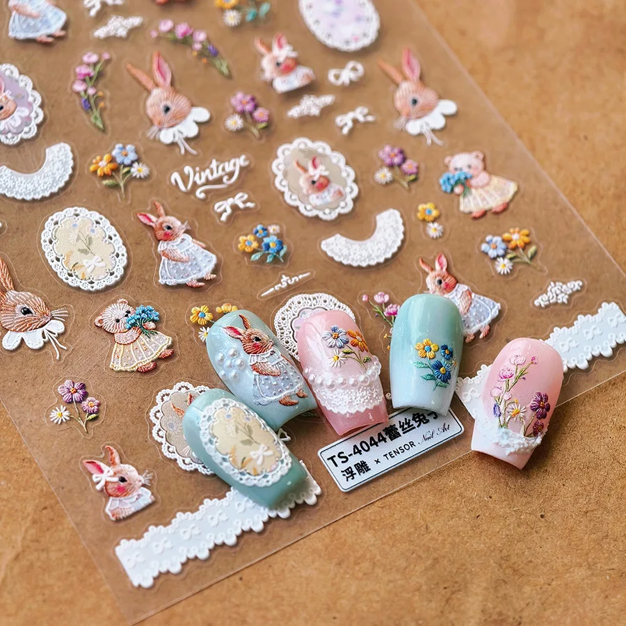 

5D Relief Pretty Lace Skirt Little Rabbit Bear Flowers Floret Garden Adhesive Nail Art Stickers Decals Manicure Vintage Charms