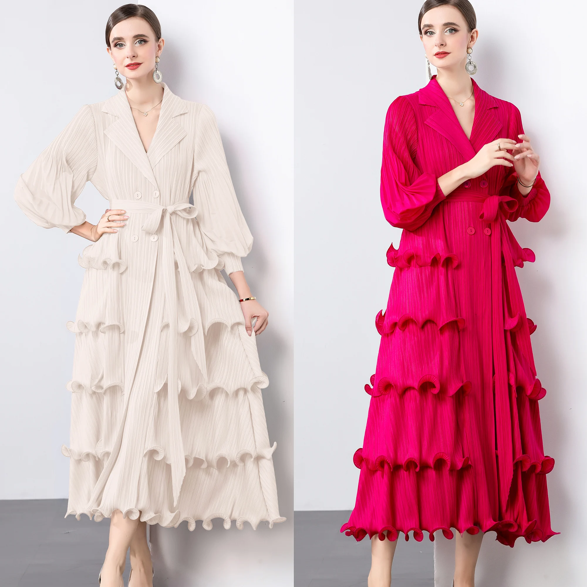 Vestido e de manga crida com saia em camadas, gola x, bordados elabos, manga tipo lanterna, tamanho ande f...