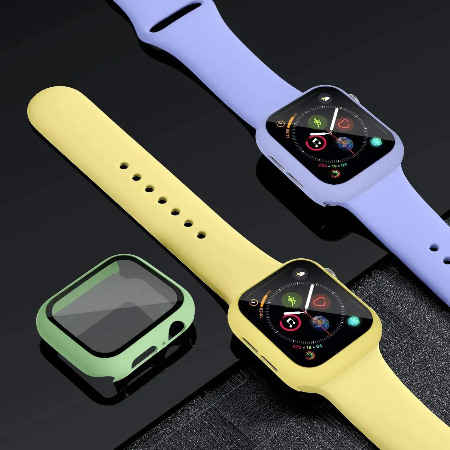 Glass+Case+Strap For Apple Watch band 44mm 45mm 42mm 41mm 40mm 38mm Silicone watchband bracelet iWatch series 8 9 7 6 5 4 3 SE