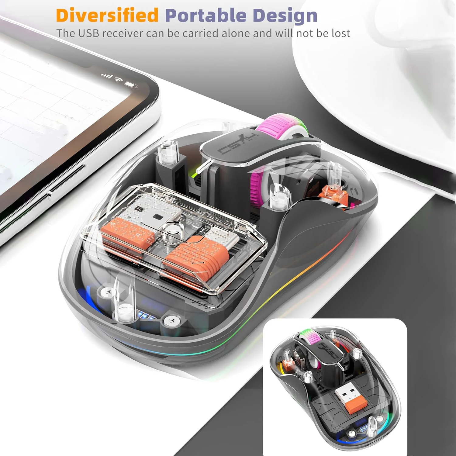 

Беспроводная 3-режимная прозрачная мышь 2,4G USB типа C и Bluetooth бесшумная мышь с RGB-подсветкой для iPhone iPad Macbook, телефона, ноутбука