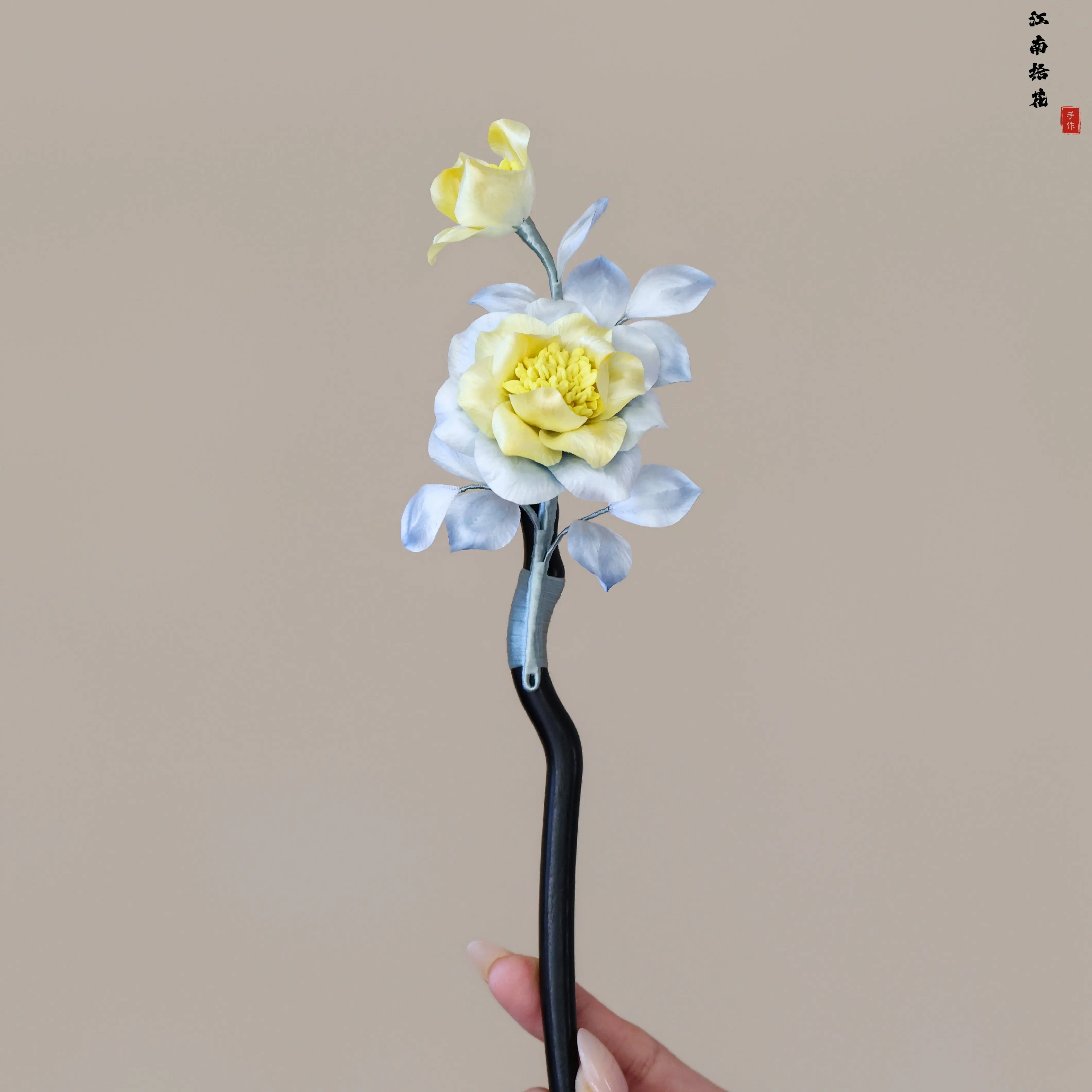 Handmade Intangible Heritage Yellow & Blue Peony Velvet Hairpin with Silk Thread, Sandalwood Luxury Hair Ornament for Gift