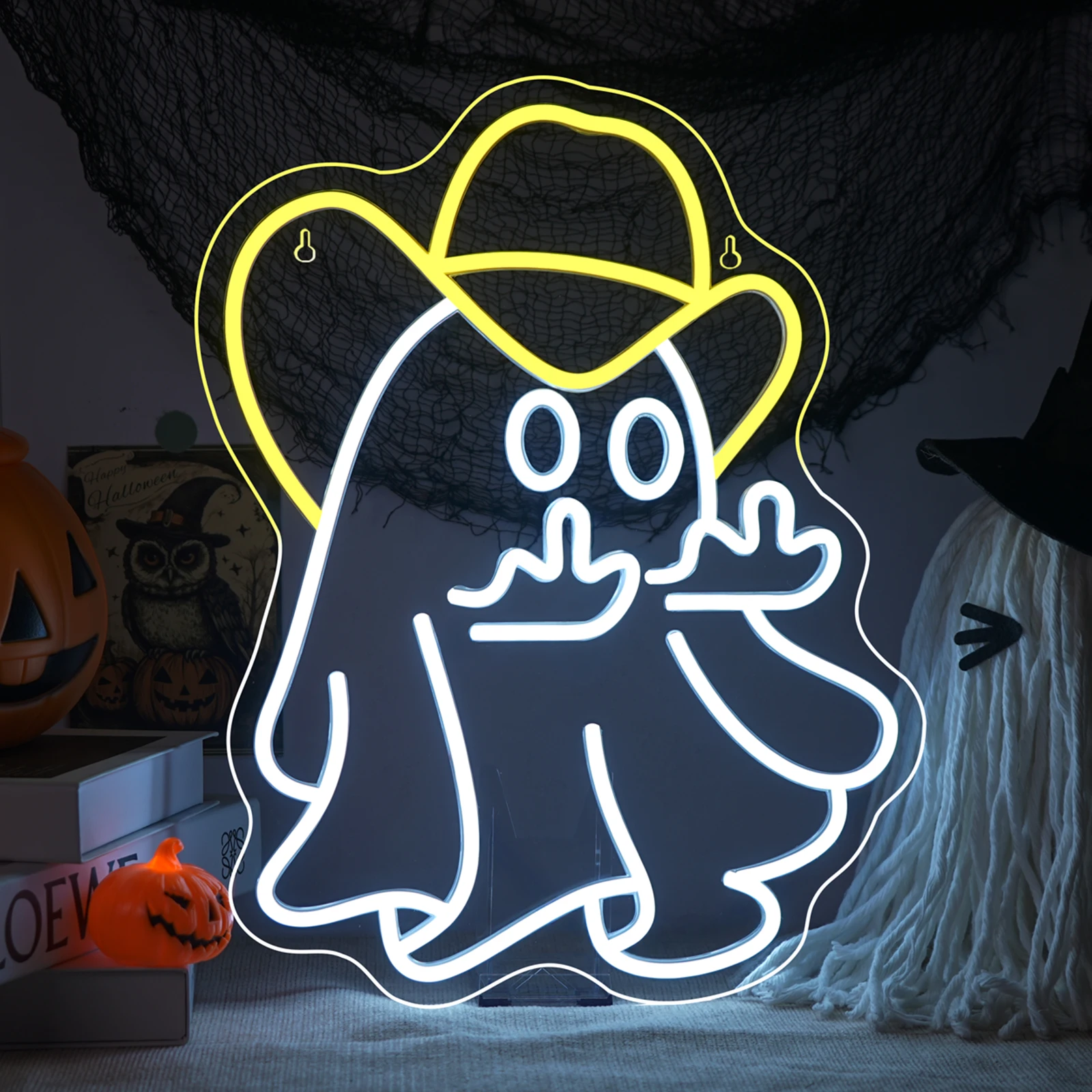 

Cowboy Hat Ghost Neon Sign For Wall Decor Halloween Signs for Children's Bedroom Party Classroom Decor Halloween Gifts For Kids