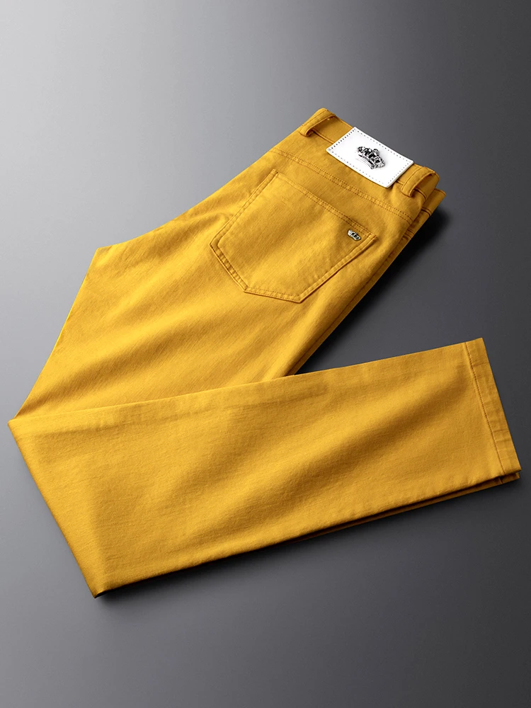 

Yellow Cotton Casual Jeans Men's Slim Fit Faionable Autumn Season Busin Casual Sle mid Waist Pure Color