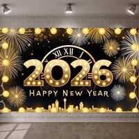 Happy New Year Banner Fireworks Design 2026 Display Clock Tower Pattern City  New Year Backdrop for New Year Party 2026 Celebrat