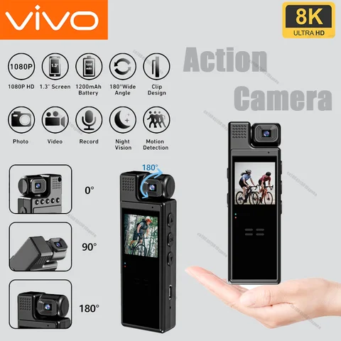 VIVO 8K HD 미니 액션 카메라 와이파이 백 클립 180 ° 회전식 IR 야간 투시경 스포츠 캠 여행 자전거 운전자 비디오 레코더