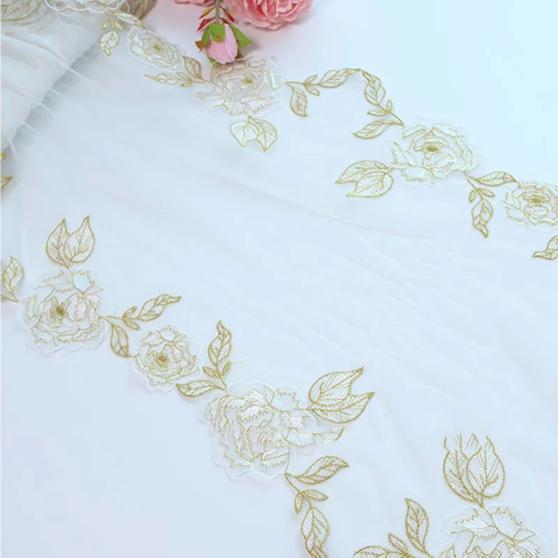 

16 ярдов кружевной тесьмы с вышивкой цветов, дизайн «Пион», золотистая сетчатая кружевная ткань для женского белья и декора