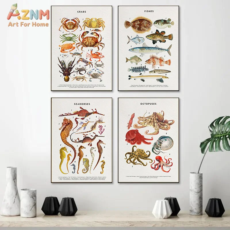 AZNM Marine Animal Canvas Wall Art Ocean Species Chart Print Whale Shark Turtle Shells for Kids Room Decor