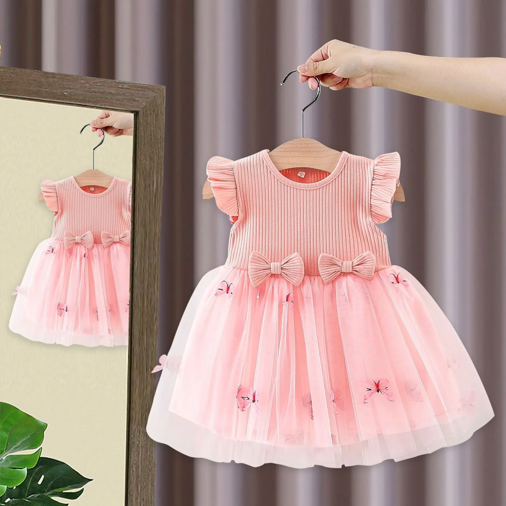 Toddler Girls Dress Flower Embroidery Bowknot Round Neck Fly Sleeve Casual Dress Kids Summer Princess Dress Clothing