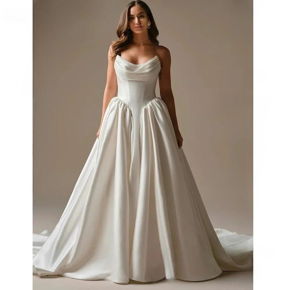 Customized 2026 Elegant Plus Size Strapless Satin A Line Wedding Dress Princess Bridal Gown Sleeveless Design for Bride Vestido
