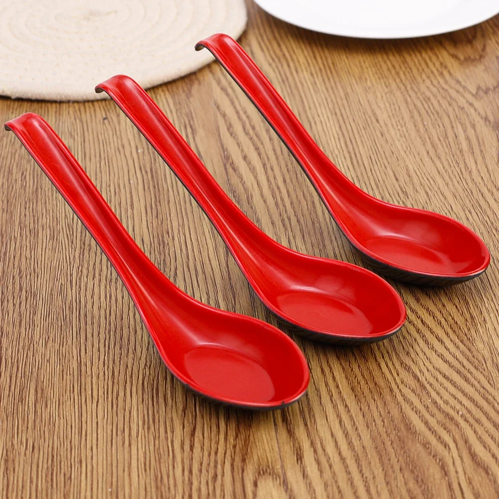 10/1PCS Imitation Porcelain Soup Spoons Japanese Rice Scoops Anti-Shock Red And Black Spoons Porridge Ramen Wonton Soup Spoons