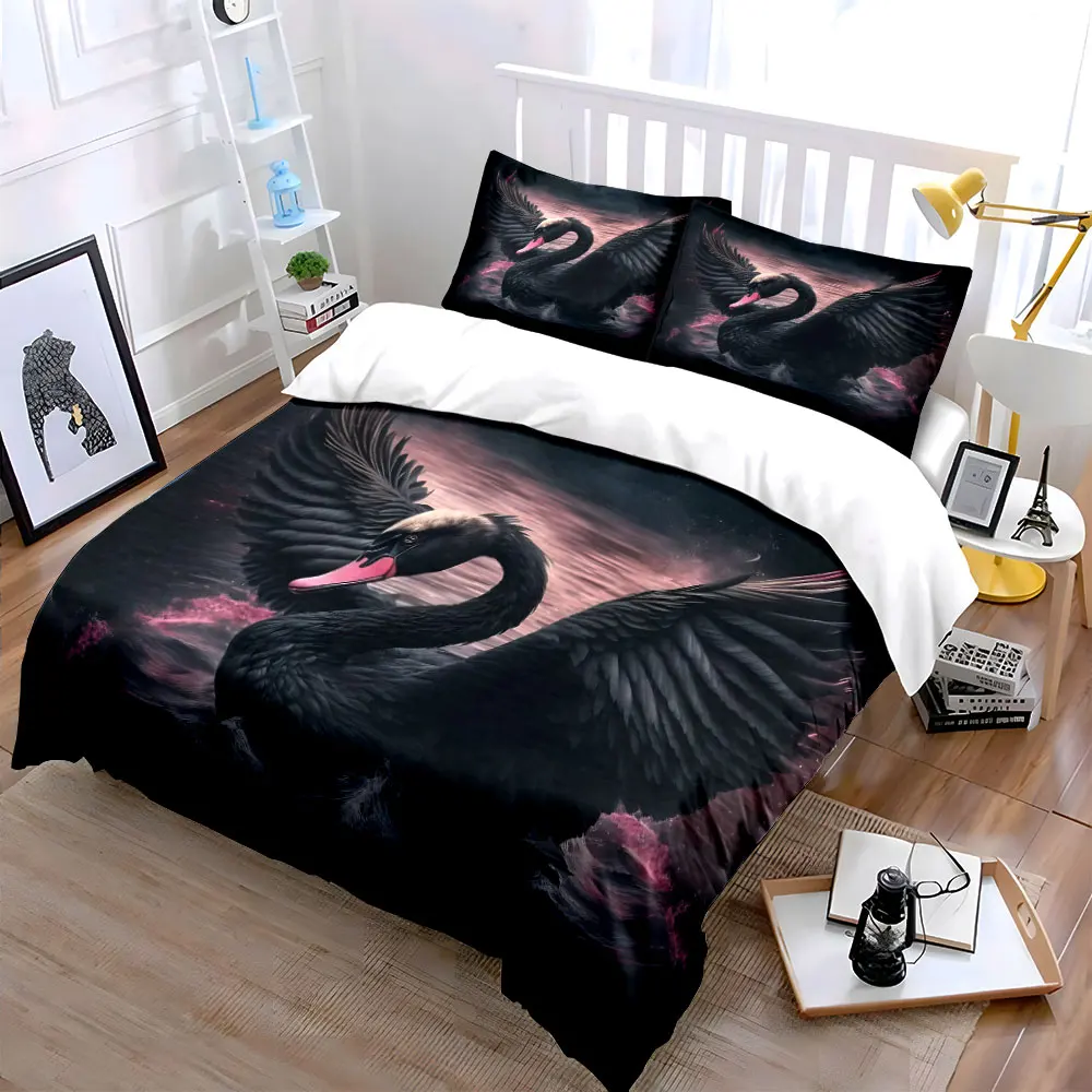 Black swan spreading wings, pink ripples Bedding Set for Kids Luxury Gift 3pcs Digital Print Comforter Set Soft Comfortable