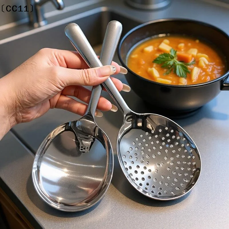 Stainless Steel Serving Spoon Restaurant Public Use Filtering Soup Rice Ladle Large Size Silver Tone Kitchen Utensil Set〔CC11〕