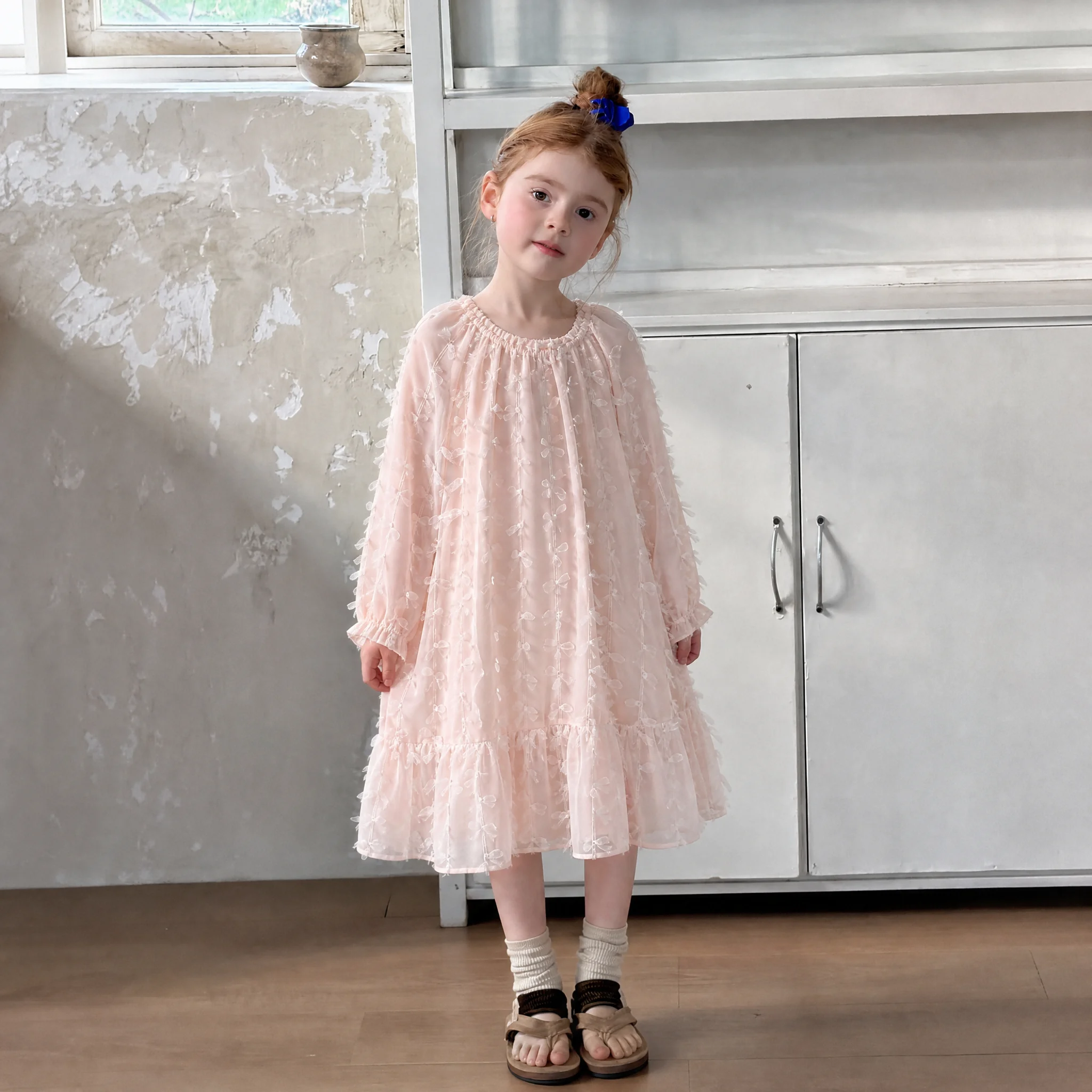 Pink Cute Round Neck Long Sleeved Lace Princess Dress for Girls Aged 3-7 Autumn New Collection