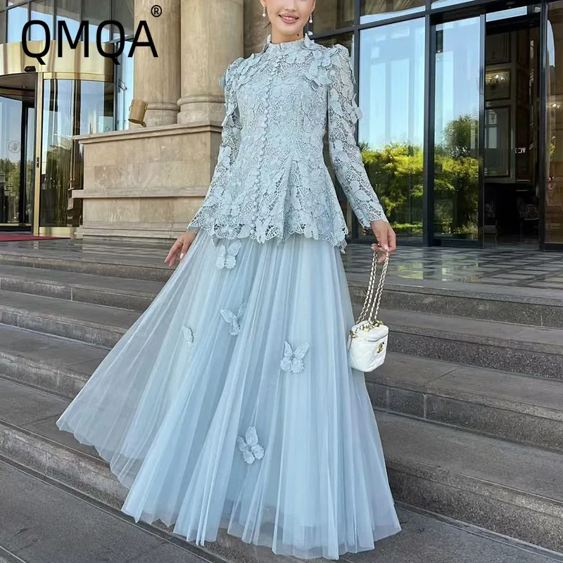 QMQA Fashion Women's Elegant 2 Piece Set Embroidery Long Sleeve Top High Waist Mesh Skirt Sets 2025 Spring Female New QM78