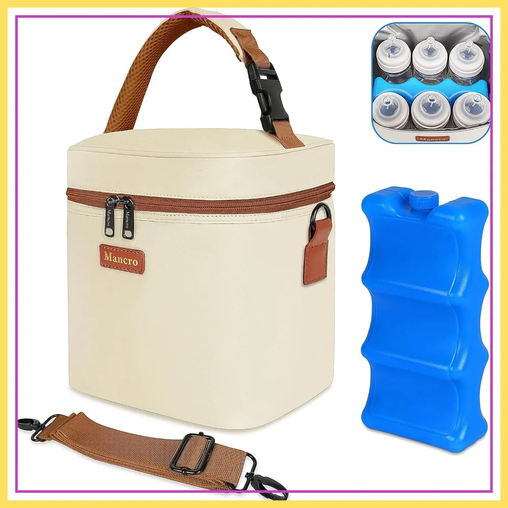 

Insulated Breast Milk Cooler Travel Bag with Ice Pack, Holds 6 Baby Bottles, Leakproof, Detachable Strap, Beige