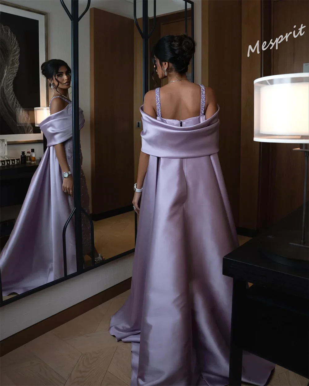 lilac Prom Dress Elegant Off-the-shoulder Sheath Evening Gowns Rhinestone Applique Beading Satin Formal Women Party Gowns