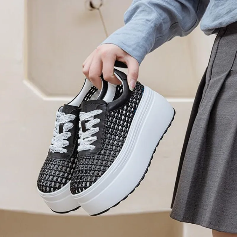 8cm Air Mesh Weave Microfiber Leather Fashion High Brand Platform Wedge Summer Comfy Shoes Hollow Sandals Women Chunky Sneakers