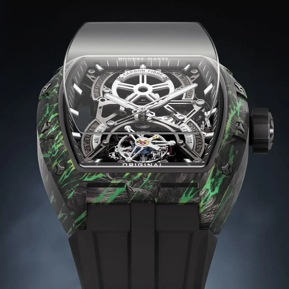 

BONEST GATTI Усовершенствованные часы из углеродного волокна с турбийоном Tonneau Механические наручные часы Корпус из углеродного волокна Часы с резиновым ремешком для мужчин