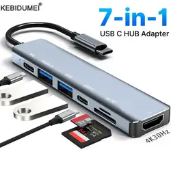 7 in 1 USB C Hub USB 3,0 HDMI 4k 60Hz Video USB 2,0 SD TF Kartens teck platz leser Multi-Ports PD-Aufladung für PC/Laptops/MacBook Pro
