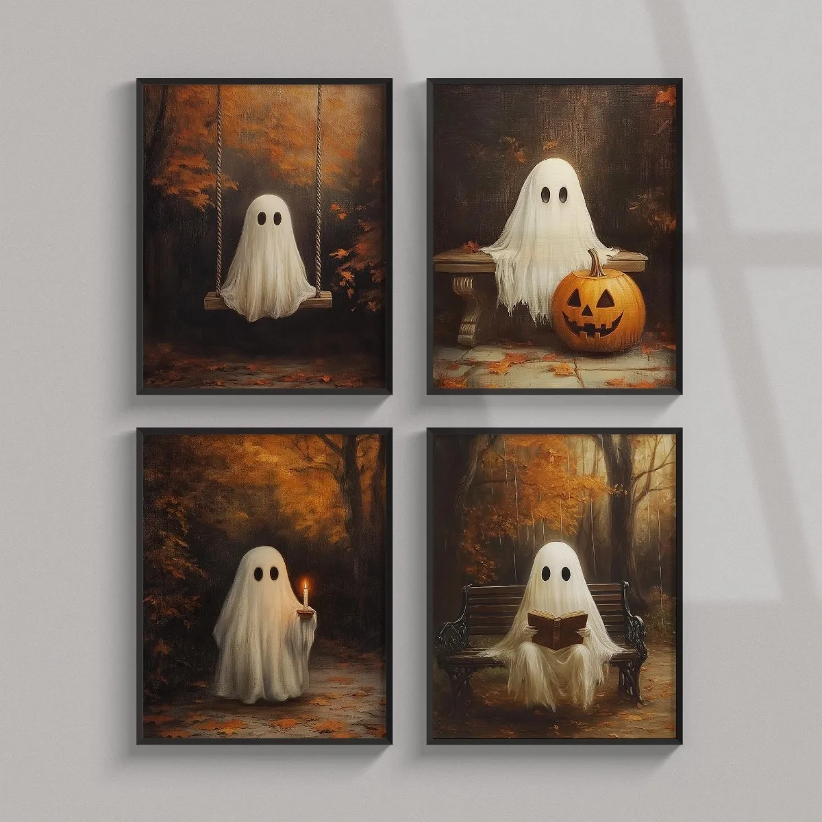 4pcs/set Spooky Ghost Pumpkin Fall Canvas Print Poster Vintage Gothic Dark Illustrations Art Print Halloween Wall Art Home Decor