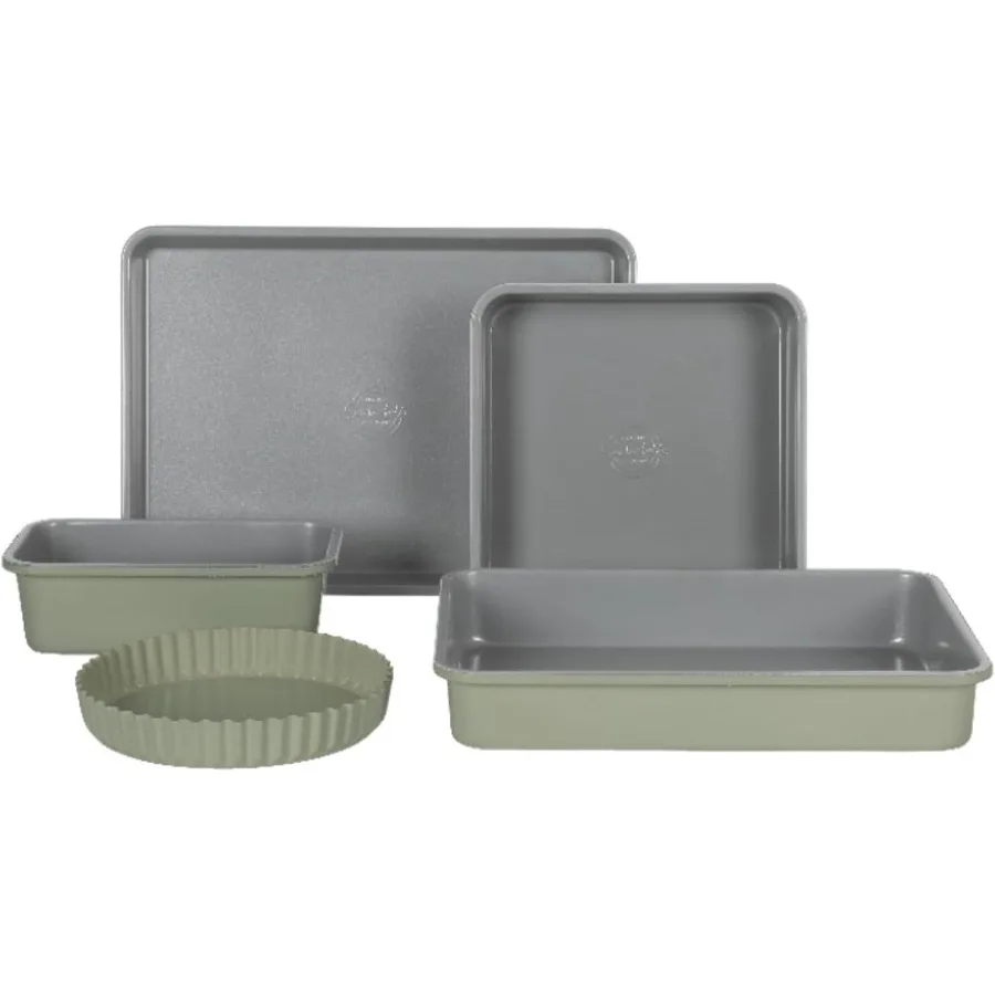 

Kitchen Essential Carbon Steel Baking Pans Bakeware Set W/Premium PFOA, PFAS, PTFE Free Grey Non stick - Juniper Green Exterior