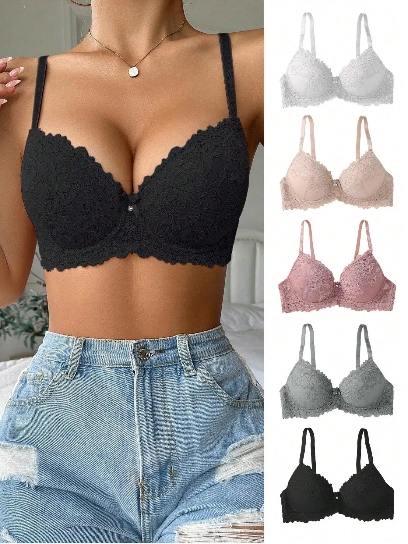 

5pcs Lace Push-Up Bra Set with Scallop Edge, Adjustable Straps for Everyday Wear
