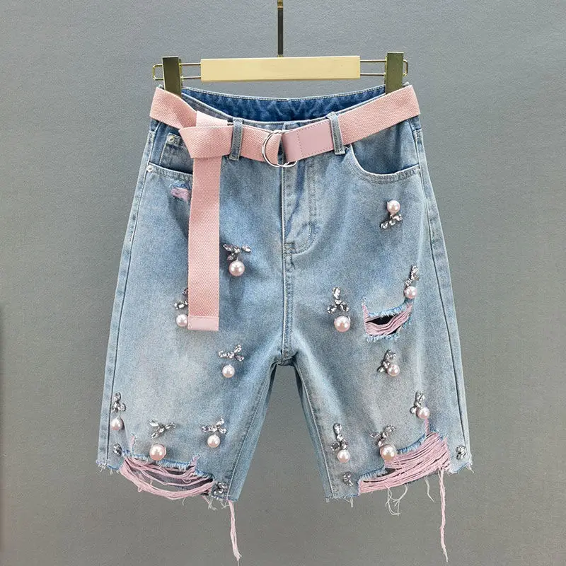 Elegante E Personalizado Diamante Perfurado Denim Shorts das Mulheres 2023 Verão Novo Solto de Cintura Alta Studded Joelho Comprimento Calças