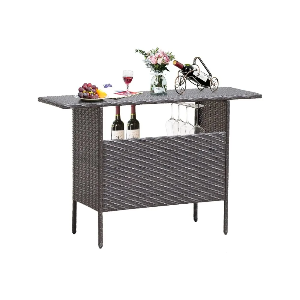 

Outdoor Patio Wicker Bar Table, 2 Storage Shelves, 55''W Tabletop, Rails for Hanging Wine Glasses, Heavy-Duty Metal Frame