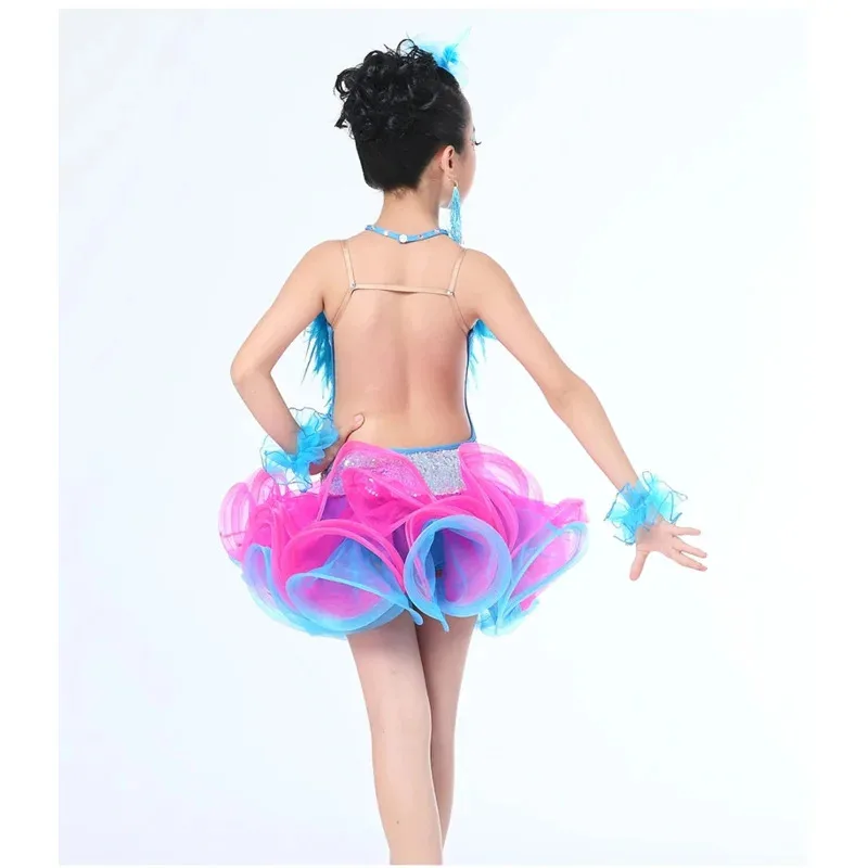 1set/lot Children Professional Latin Dance Dress for Girls Ballroom Dance Competition Dresses sequin feather dress IA5536
