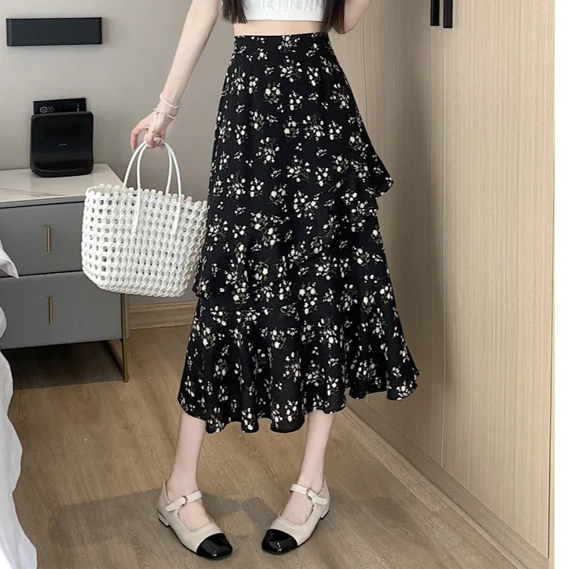 

Floral Print High Waist A-Line Midi Skirt Women's Spring Summer New Small Size Cake Style Half-length Skirt Commute Style