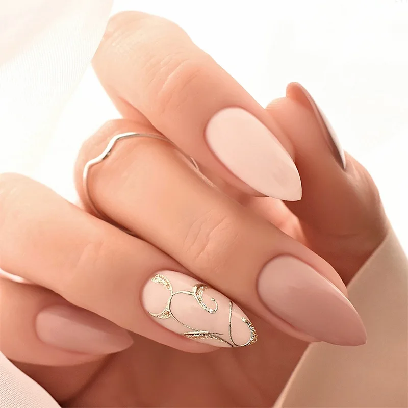 

24pcs Short Almond False Nails Press on Wearable Simple Pink Fake Nail Art with Jelly Glue Golden Lines Design Manicure Finished