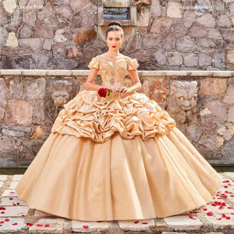 فساتين Quinceanera الذهبية ثوب الكرة قبالة الكتف يزين اللؤلؤ المكسيكي الحلو 16 فساتين 15 Anos