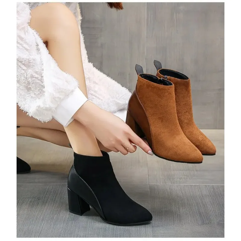 2024 Autumn/Winter Women Ankle Boots Pointed Fashion Short  Suede Panel Side Zipper Thick Heels Women\'s Shoes Large 44