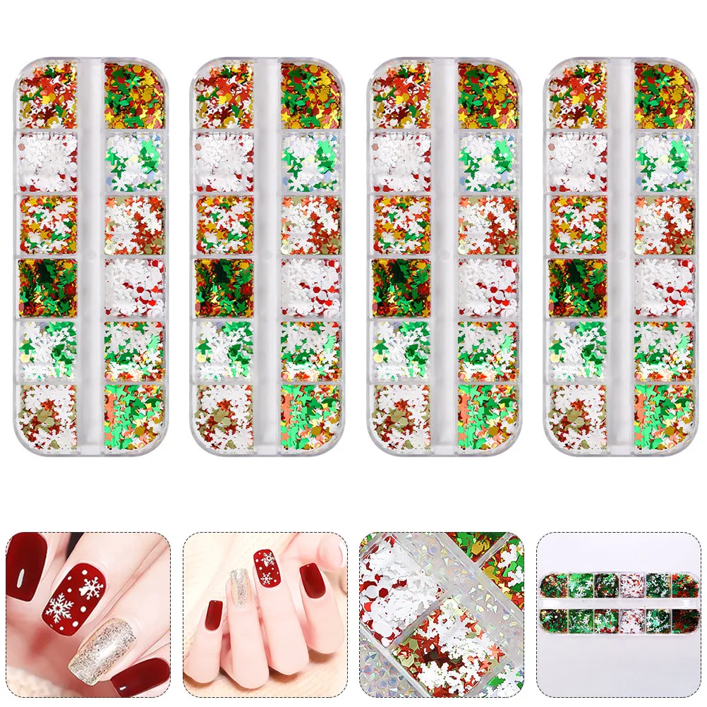 Christmas Nail Art Sequins Snowflake Decals for Manicure Decoration – 4 Boxes