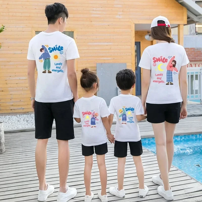 Korean Mother Daughter Clothes Cartoon Tops Family Matching Outfits Cotton T-shirt Kids Parent-child Outfits Summer Casual Tees