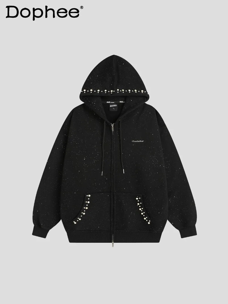 

American Fashion Trend Heavy Pearl Starry Sky Cardigan Sweatshirt Fleece Lined Thickened Warm Zipper Hooded Jacket Unisex