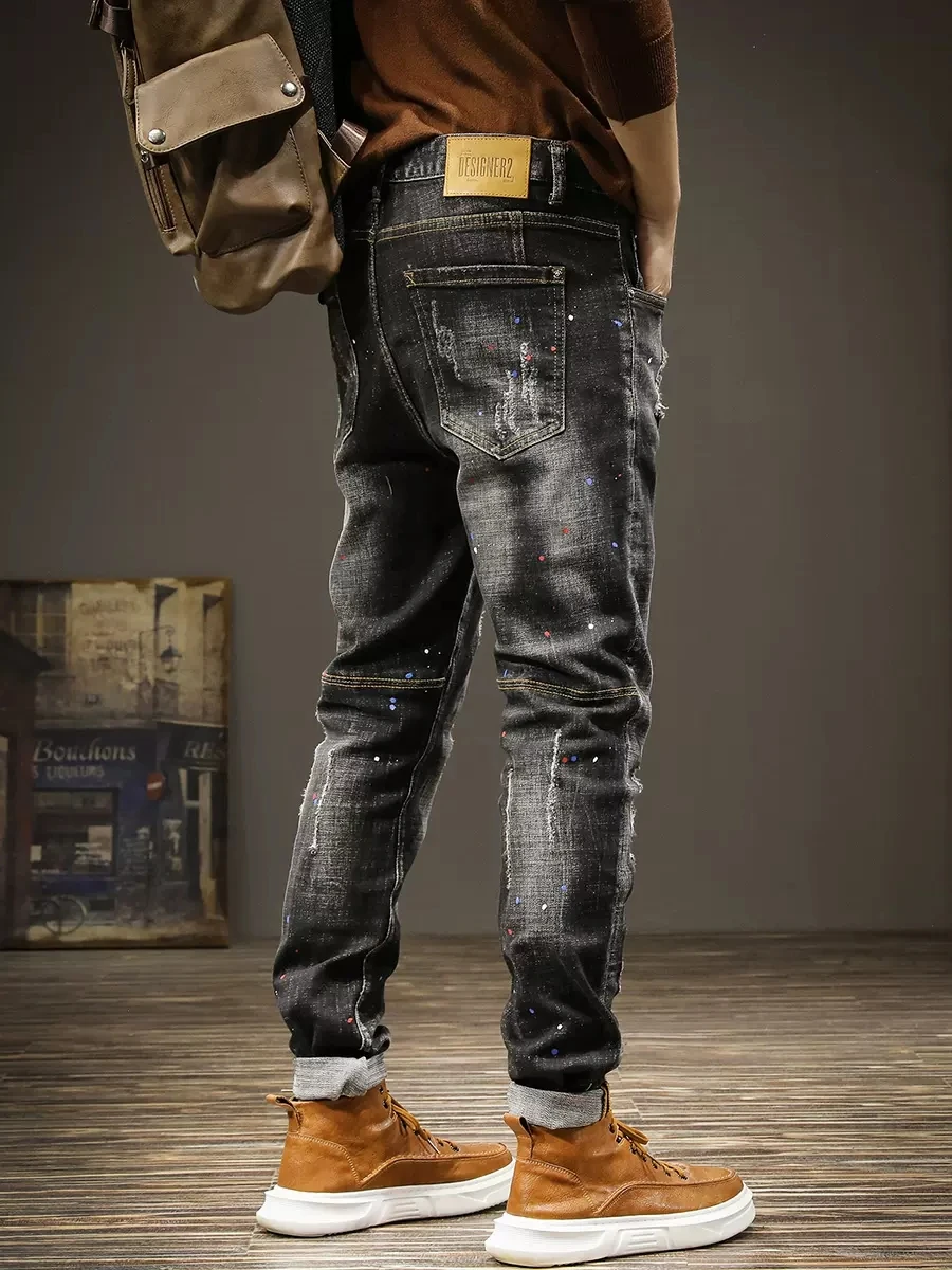 Street Fashion Men Jeans Retro Black Gray Stretch Slim Fit Painted Ripped Jeans Men Pocket Designer Hip Hop Vintage Denim Pants