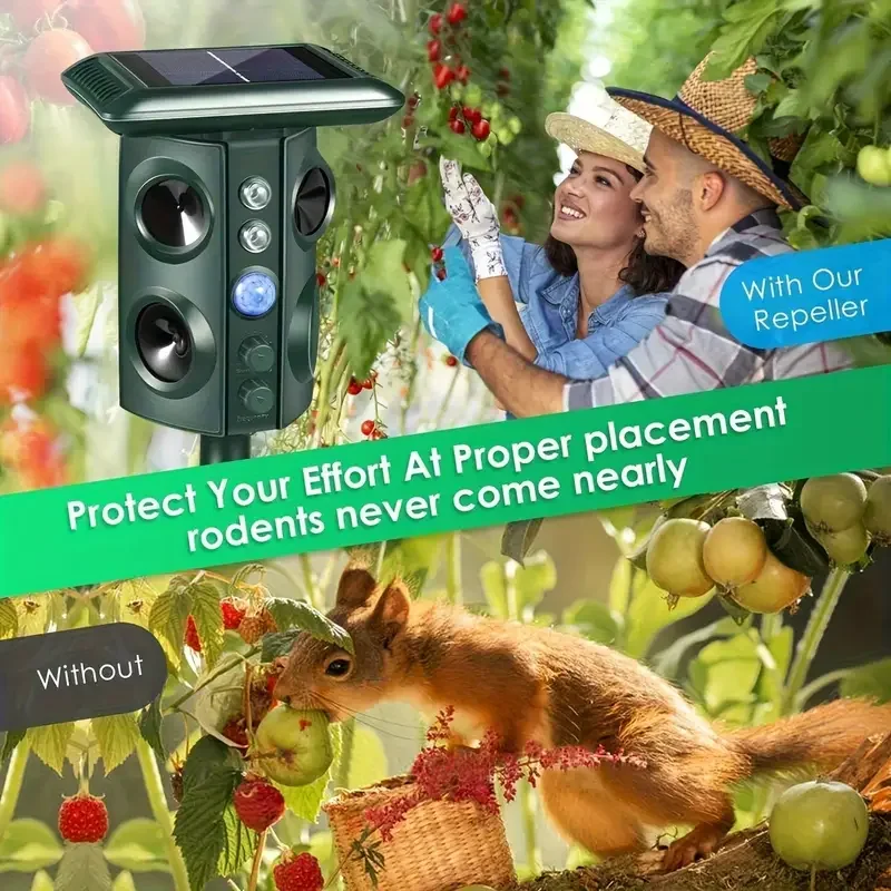 Solar animal repeller, frequency conversion ultrasonic LED flash buzzer drive infrared sensing multi-level adjustment