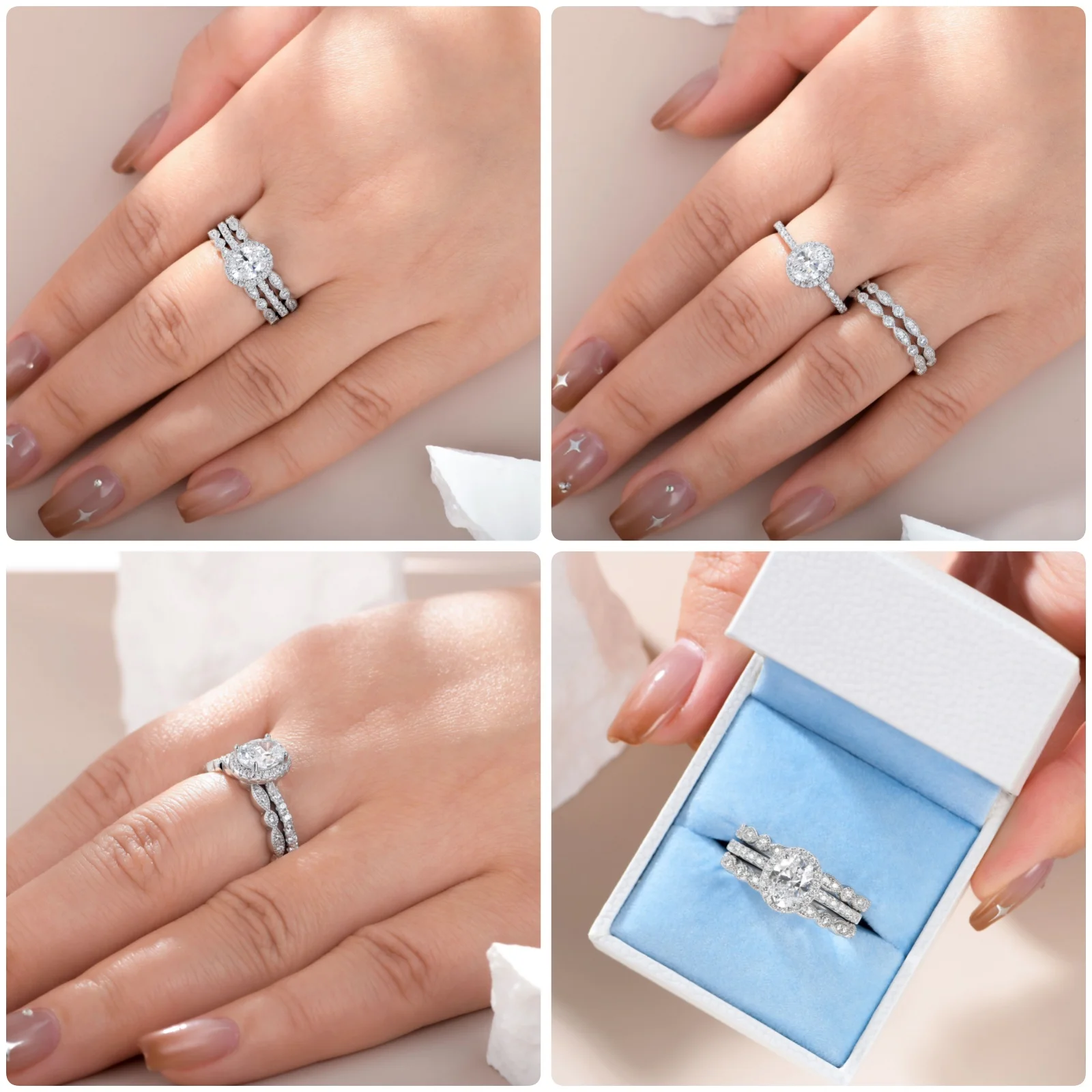 Newshe 3 Pieces Wedding Engagement Rings Set for Women 925 Sterling Silver Jewelry Art Deco Bands Oval AAAAA Cubic Zircon Ring