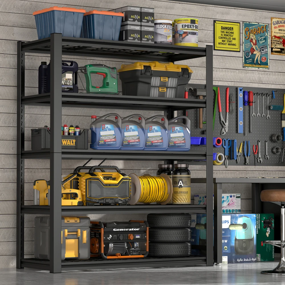 59 Inches Metal Garage Storage Rack, Heavy-Duty Steel Moisture-Proof And Waterproof 5-Layer Adjustable Storage Shelving Unit.